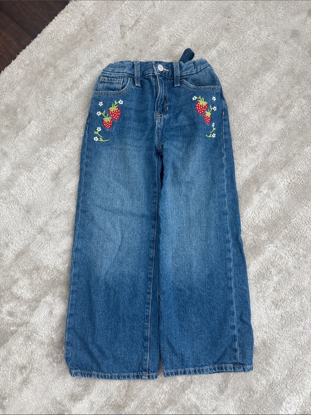 Old Navy Blue Denim Jeans with Red Strawberry Embroidery 8 years